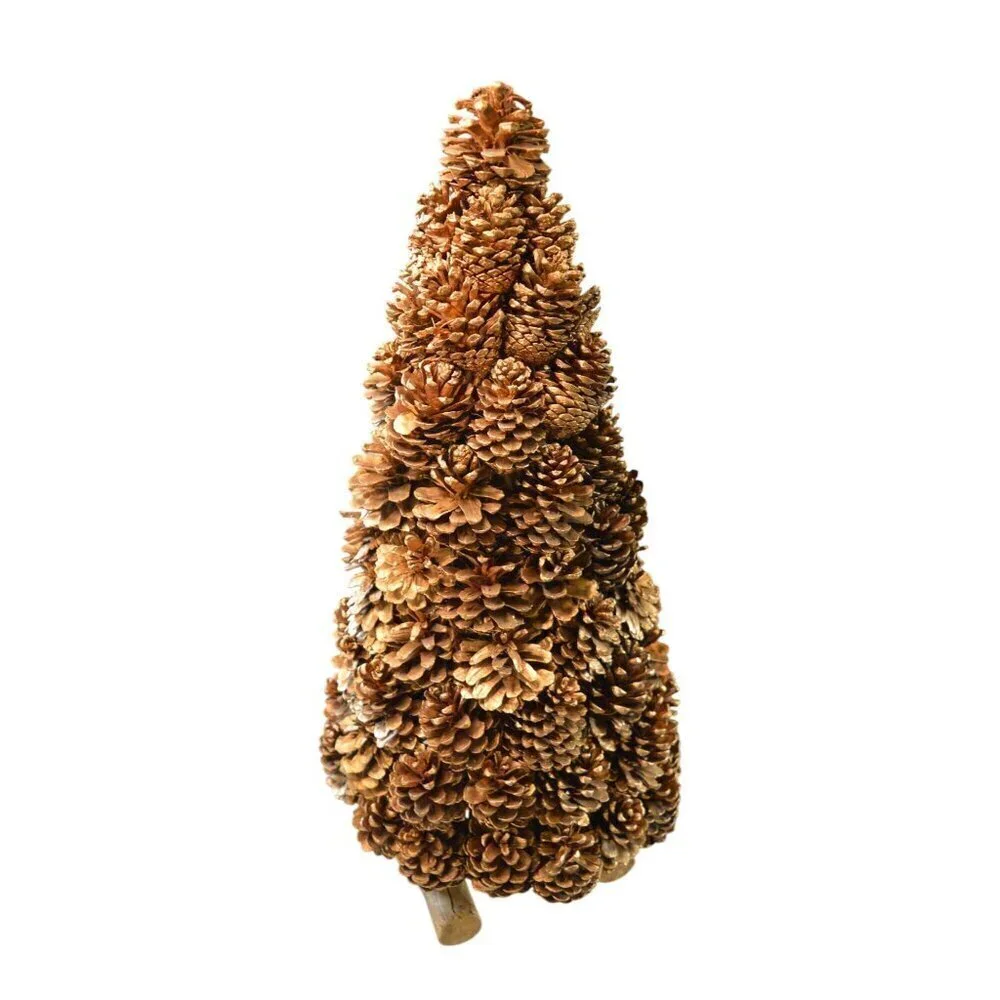 Handmade Golden Real Pinecone Christmas Tree Table Decor 24” Wooden Log Metallic